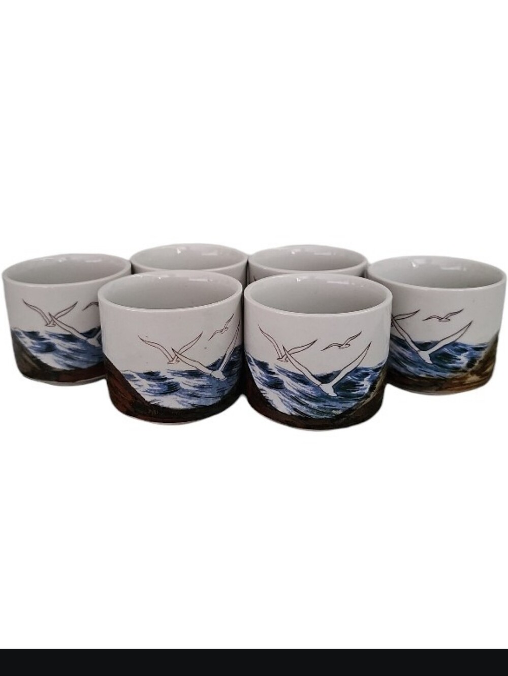 Vintage Otagiri Japan Handcrafted Seagull Sake Tea Cups Set of 6 Coastal Pottery